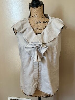 Sleeveless Ruffle-Front Linen Blend Light Beige Top
